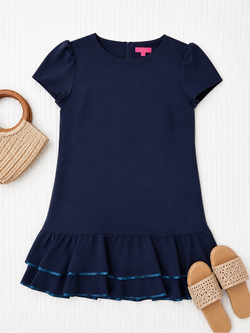 Betsey Johnson NWT Navy Ruffle Hem Shift Dress Size 16 Puff Sleeve - Picture 2 of 11